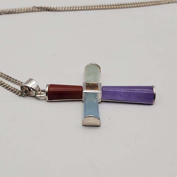Sterling Silver Real Multicolor Jade Gem Cross Pendant w/ 24" Necklace - Picture 4 of 10